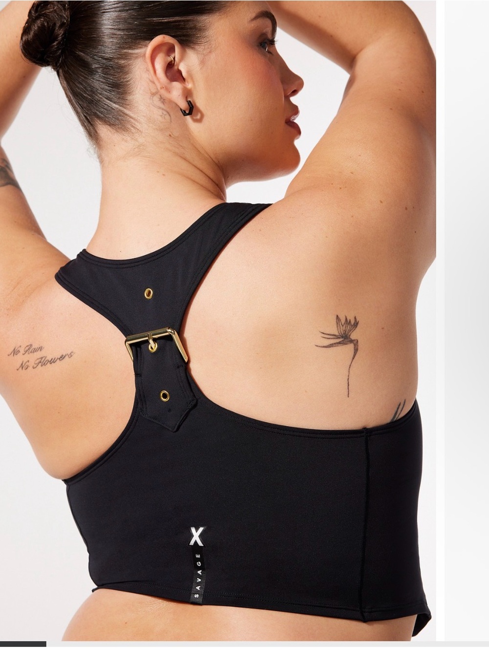 Savage X Fenty Black Racerback Sports Crop with Gold Buckle